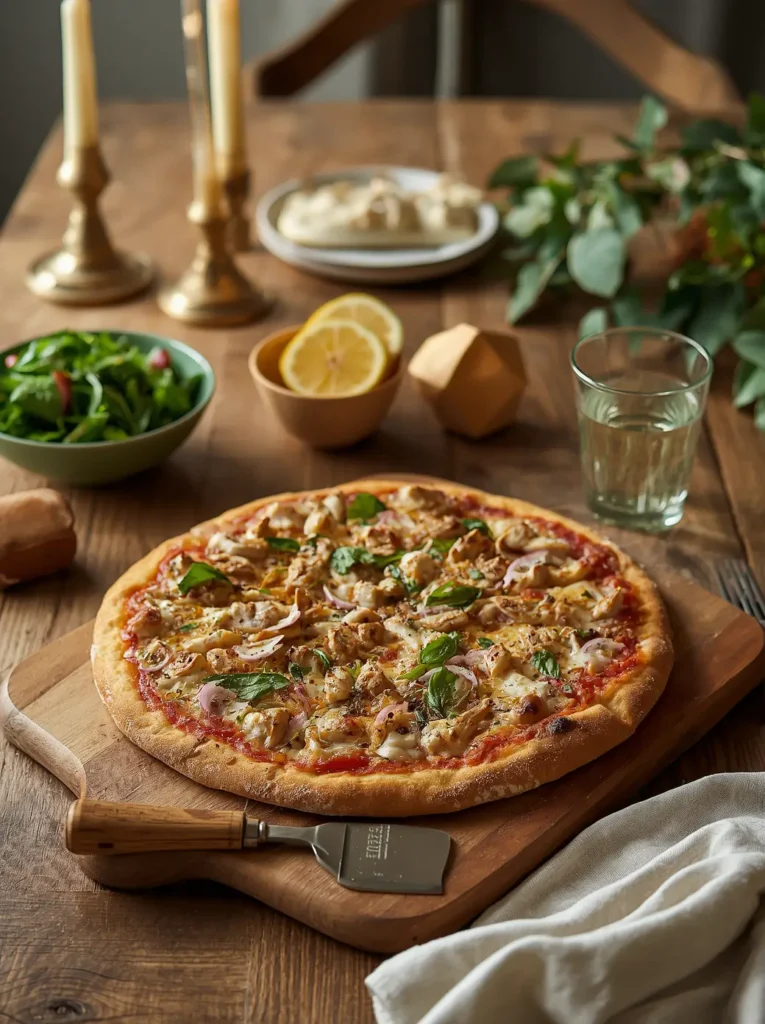 Chicken Crust Pizza 4 Chicken crust pizza served on a rustic farmhouse table alongside a green salad and sparkling water for a complete keto meal