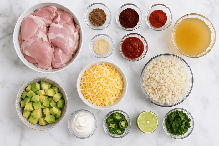 Chicken Enchilada Bowl 2
Fresh ingredients for a healthy chicken enchilada bowl recipe laid out on a marble surface