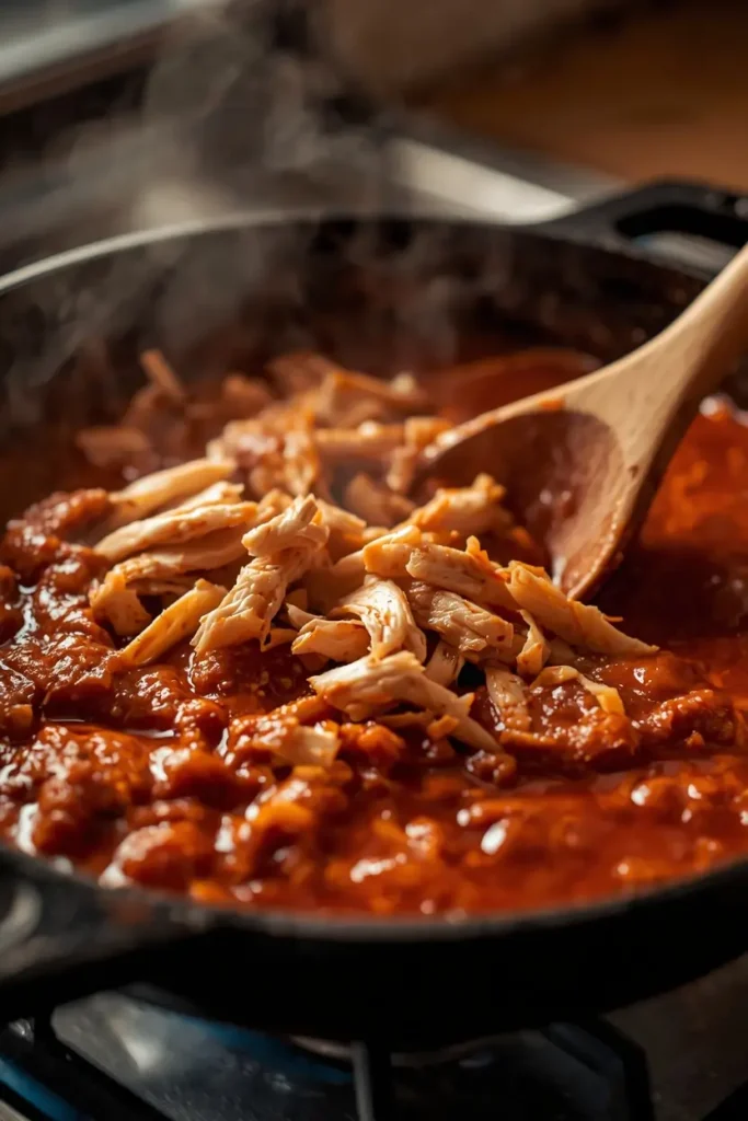 Chicken Enchilada Bowl 3 Shredded chicken simmering in homemade enchilada sauce for a keto chicken enchilada bowl recipe