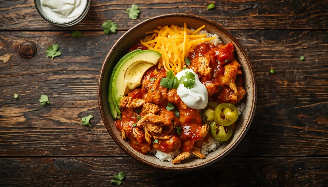 Chicken Enchilada Bowl 1 Chicken enchilada bowl with shredded chicken, cauliflower rice, avocado, and melted cheese