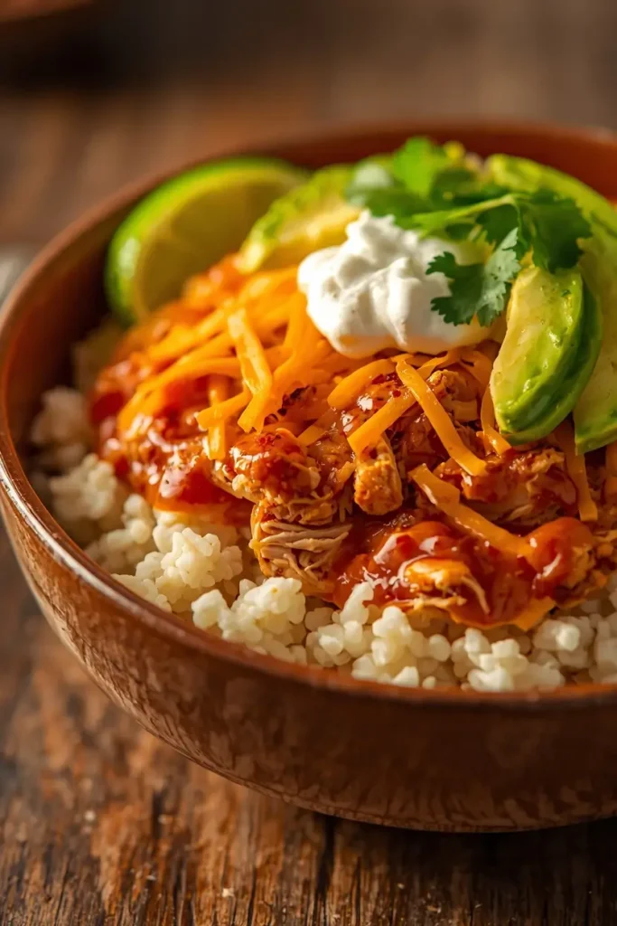Chicken Enchilada Bowl 4 Fully assembled chicken enchilada bowls with avocado, sour cream, cheese, and cilantro on cauliflower rice