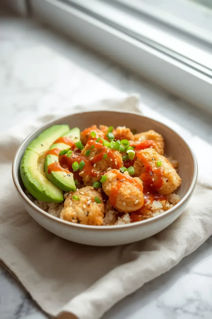 Bowl of chicken fried rice with cauliflower rice topped with avocado slices, sriracha drizzle, and sesame seeds