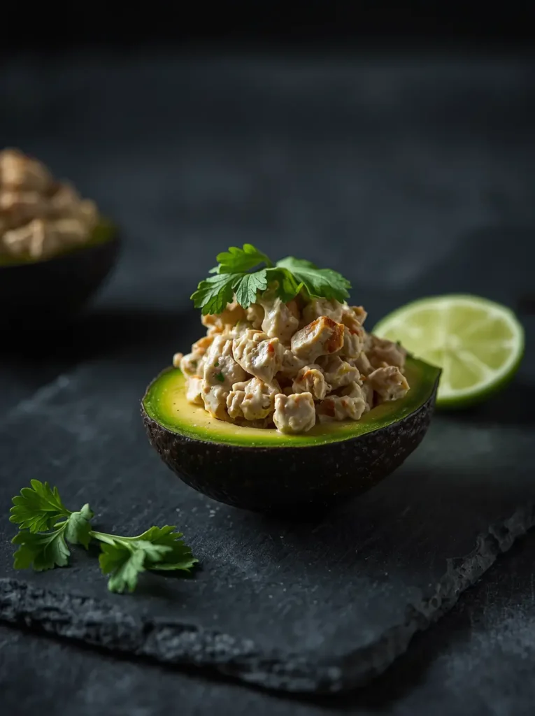 Chicken Avocado Salad 4 Chicken salad served inside an avocado shell on a dark slate board, garnished with cilantro and a lime wedge