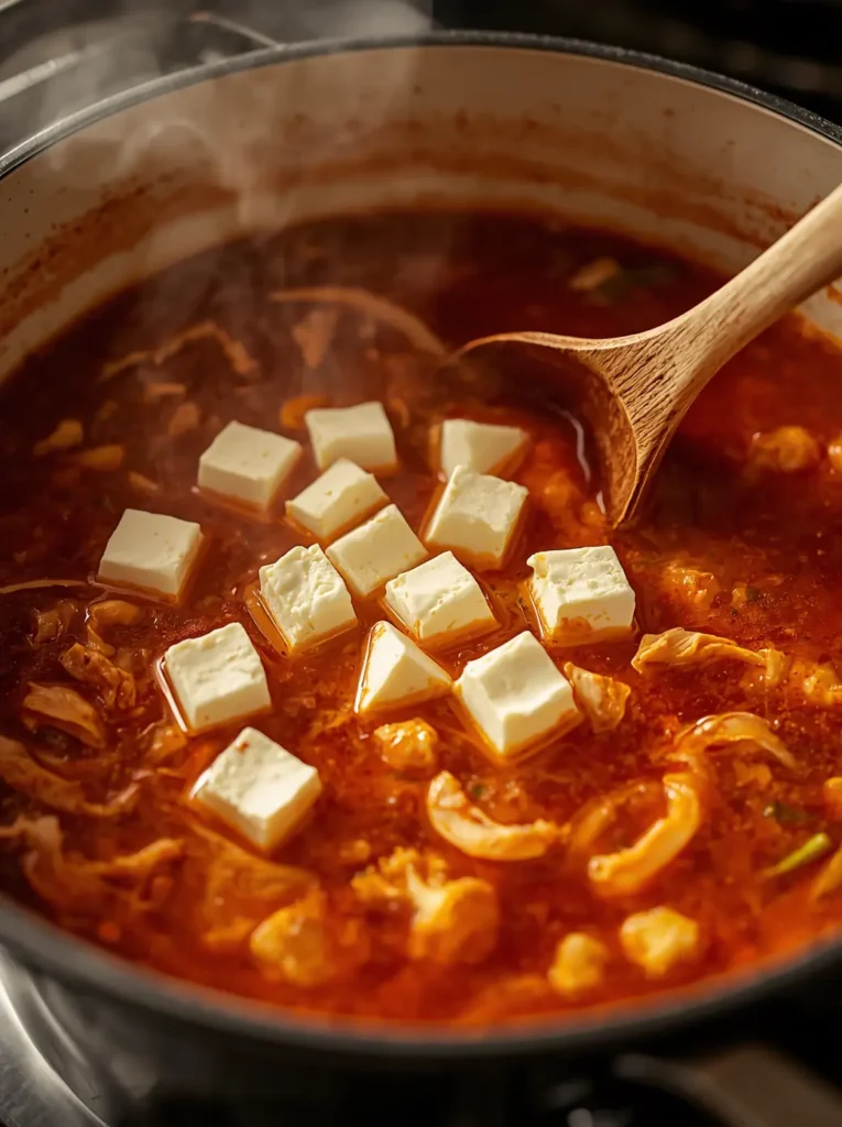 Chicken Taco Soup Recipe 4 Cubed cream cheese being stirred into a simmering pot of keto chicken taco soup recipe, creating a rich and creamy low-carb broth.