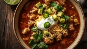 A steaming bowl of chicken taco soup recipe topped with shredded cheese, sour cream, sliced jalapeños, and fresh cilantro on a rustic wooden table.
