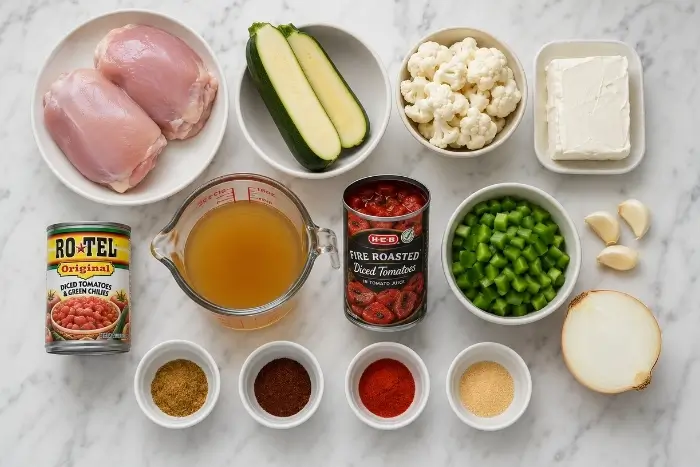 Chicken Taco Soup Recipe 2 Low-carb ingredients for a keto chicken taco soup recipe laid flat on a white marble surface including raw chicken thighs, zucchini, cauliflower, cream cheese, canned fire-roasted tomatoes, bone broth, and homemade taco seasoning spices.