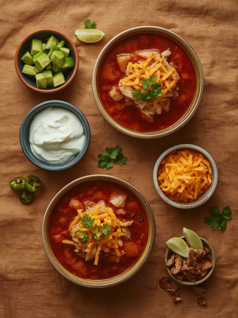 Chicken Taco Soup Recipe 5 Two bowls of keto chicken taco soup recipe on a linen-covered table surrounded by keto-friendly toppings — diced avocado, sour cream, shredded cheese, jalapeños, crushed pork rinds, and lime wedges.