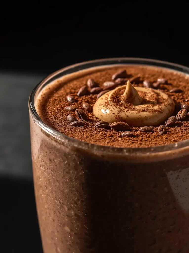 Chocolate peanut butter protein smoothie topped with cacao nibs and a swirl of peanut butter
