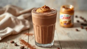 Chocolate peanut butter smoothie in a tall glass topped with peanut butter drizzle and cocoa powder