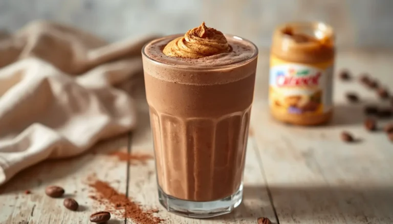Chocolate peanut butter smoothie in a tall glass topped with peanut butter drizzle and cocoa powder