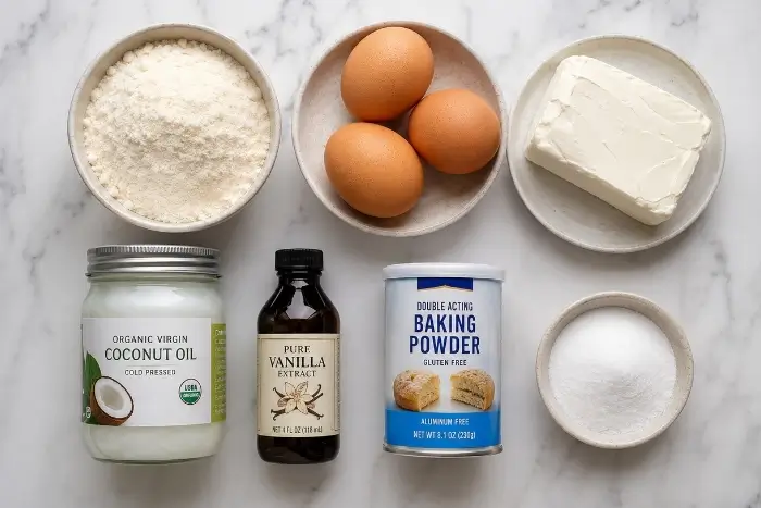 Coconut Flour Pancakes 2 Ingredients for keto coconut flour pancakes laid out on a marble surface including eggs, coconut flour, and cream cheese