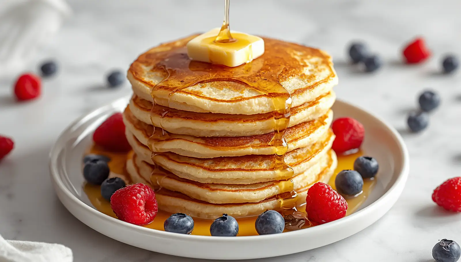 Coconut Flour Pancakes 1 Fluffy coconut flour pancakes stacked on a white plate with butter, sugar-free syrup, and fresh berries