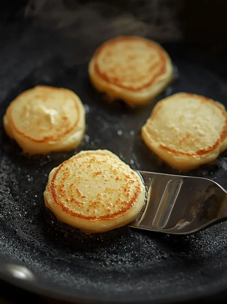 Cream Cheese Pancakes 3 Cream cheese pancakes cooking in a non-stick skillet ready to flip