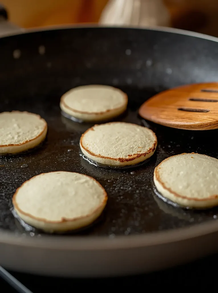 Coconut Flour Pancakes 3 Keto coconut flour pancakes cooking in a non-stick skillet with golden edges and bubbles forming on the surface