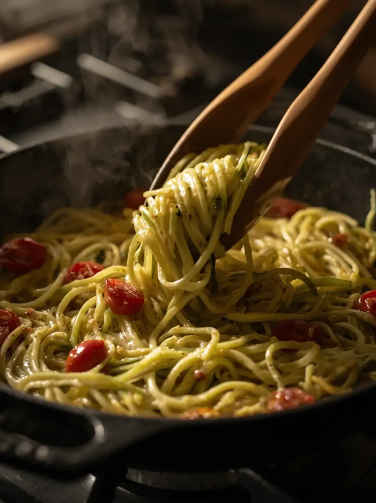 Zucchini Noodles 3 Zucchini noodles being tossed in a garlic butter sauce with cherry tomatoes in a cast-iron skillet
