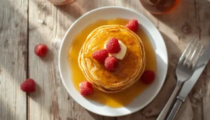Cream Cheese Pancakes Cream cheese pancakes stacked on a white plate with raspberries and syrup