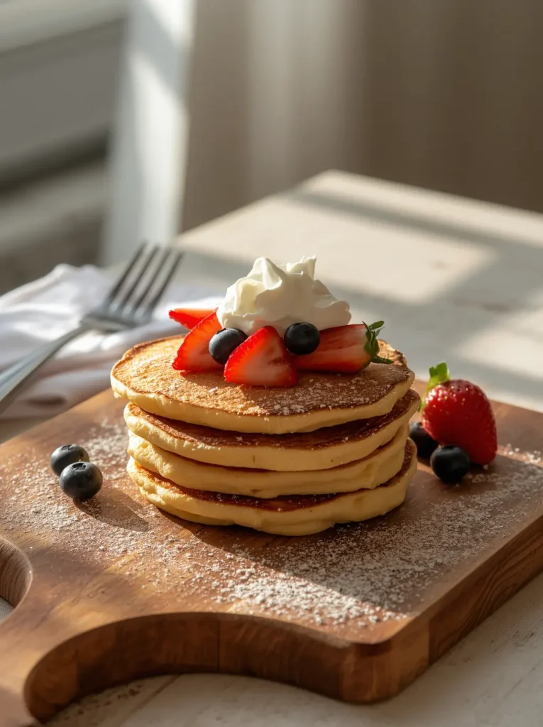 Cream Cheese Pancakes 4 Keto cream cheese pancakes served with fresh berries and whipped cream