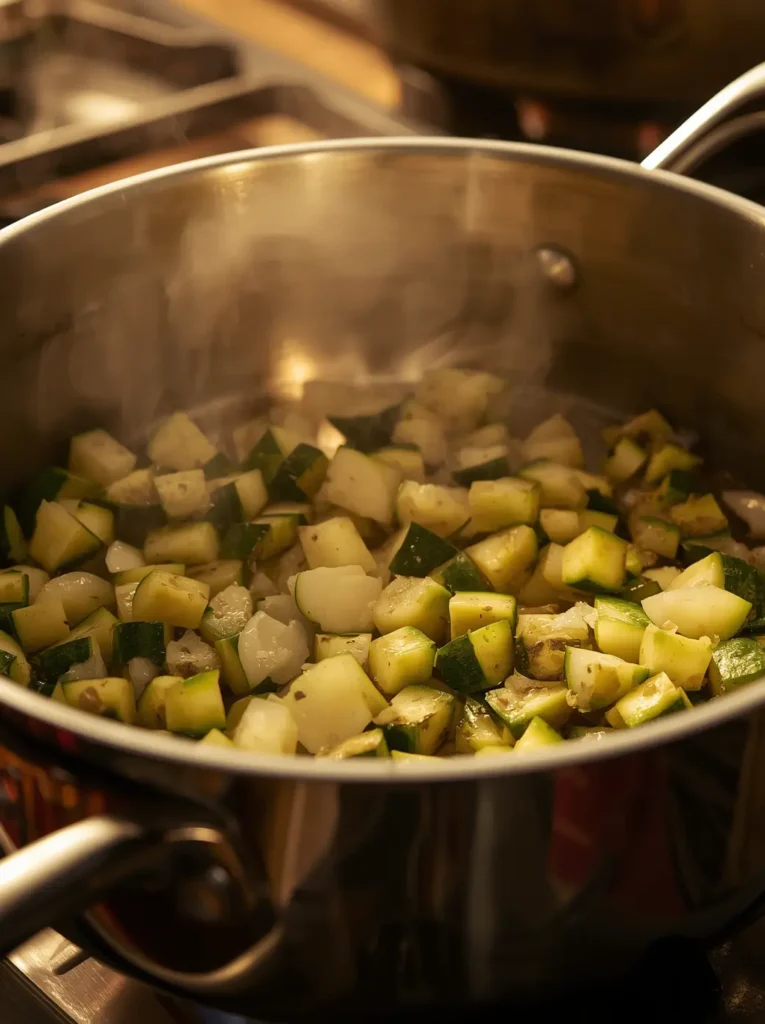 Diced zucchini and onions sautéing in a pot to make cream of zucchini soup