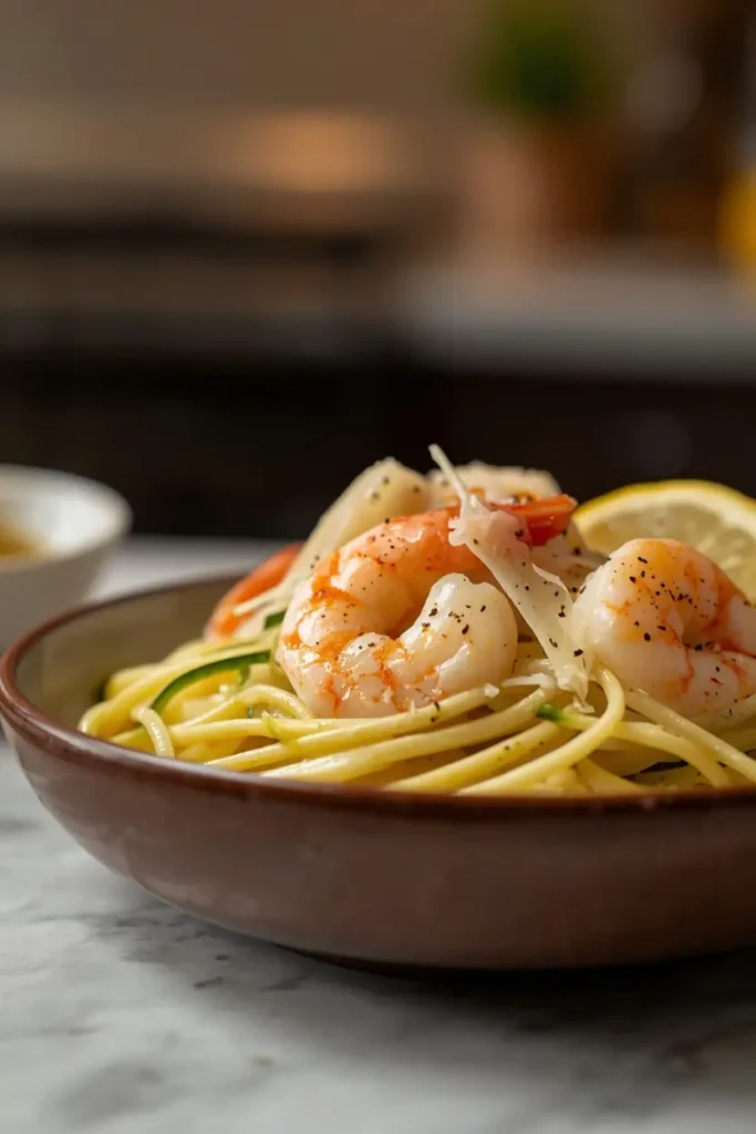 Creamy shrimp zucchini pasta with Parmesan and lemon in a shallow white bowl, keto-friendly dinner