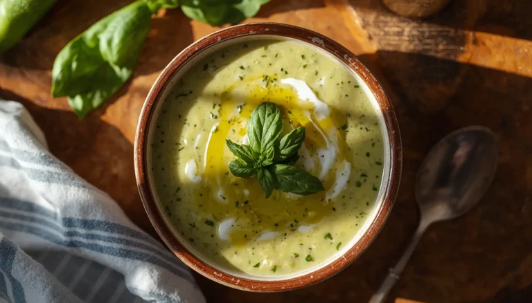 A bowl of creamy zucchini soup garnished with fresh basil and a drizzle of olive oil