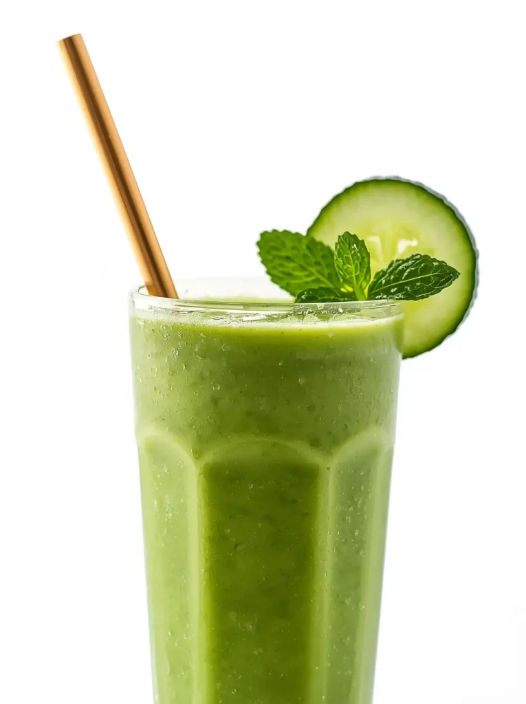 Creamy green keto detox smoothie served in a tall glass with a gold metal straw and cucumber garnish