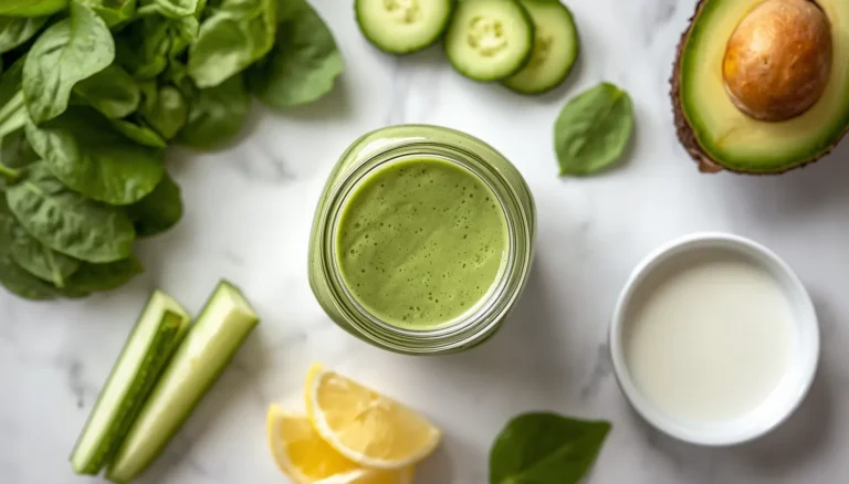 Keto detox smoothie ingredients flat lay including spinach, cucumber, avocado, and lemon on white marble