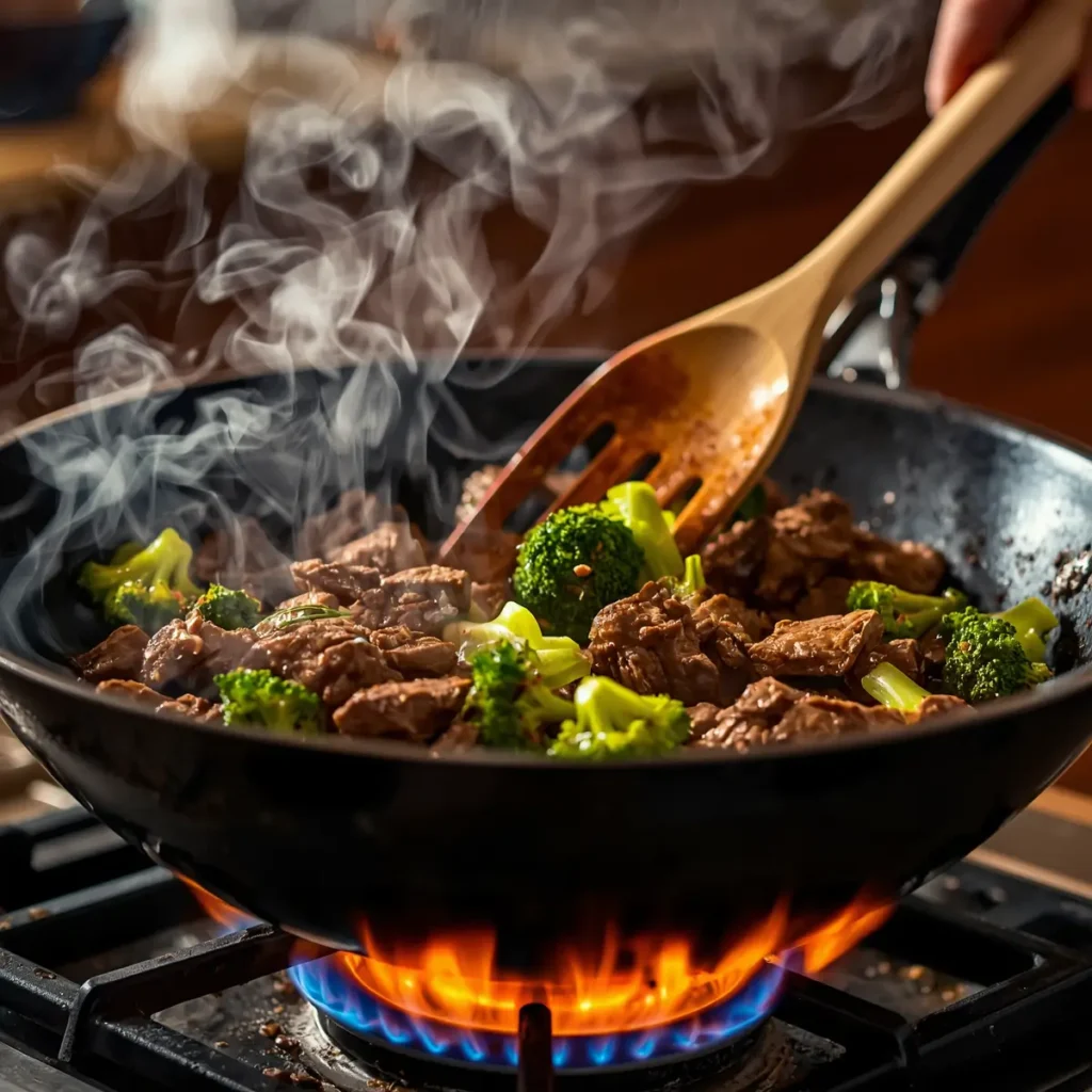 Beef and Broccoli Stir Fry 2 Easy beef and broccoli stir fry being tossed in a hot cast-iron wok with steam rising
