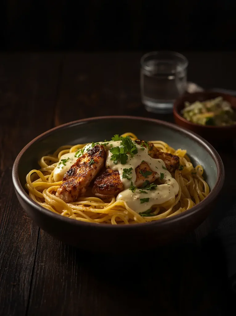 Keto Egg Noodles 4 A serving bowl of egg noodles keto chicken alfredo with grilled chicken, creamy parmesan sauce, and fresh parsley