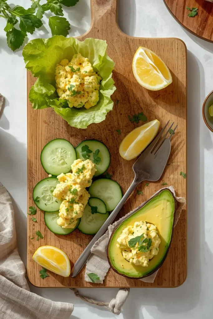 Egg salad keto serving ideas including lettuce cups, cucumber rounds, and stuffed avocado