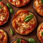 Eggplant pizza rounds topped with melted mozzarella and fresh basil on a rustic wooden board