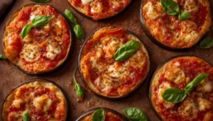 Eggplant Pizza Eggplant pizza rounds topped with melted mozzarella and fresh basil on a rustic wooden board