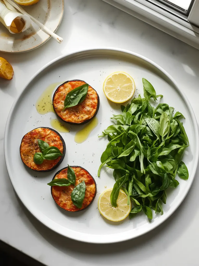 Eggplant Pizza 4 Plated eggplant pizza rounds garnished with fresh basil and olive oil drizzle served alongside arugula salad