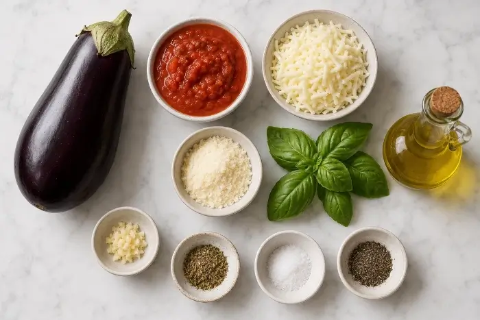 Eggplant Pizza 2 Fresh ingredients for eggplant pizza recipe including purple eggplant, mozzarella, marinara, and basil on marble surface