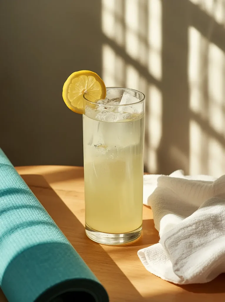 Homemade Electrolyte Drink Recipe 3 A glass of electrolyte drink homemade recipe on a wooden table beside a yoga mat, perfect for pre or post workout hydration
