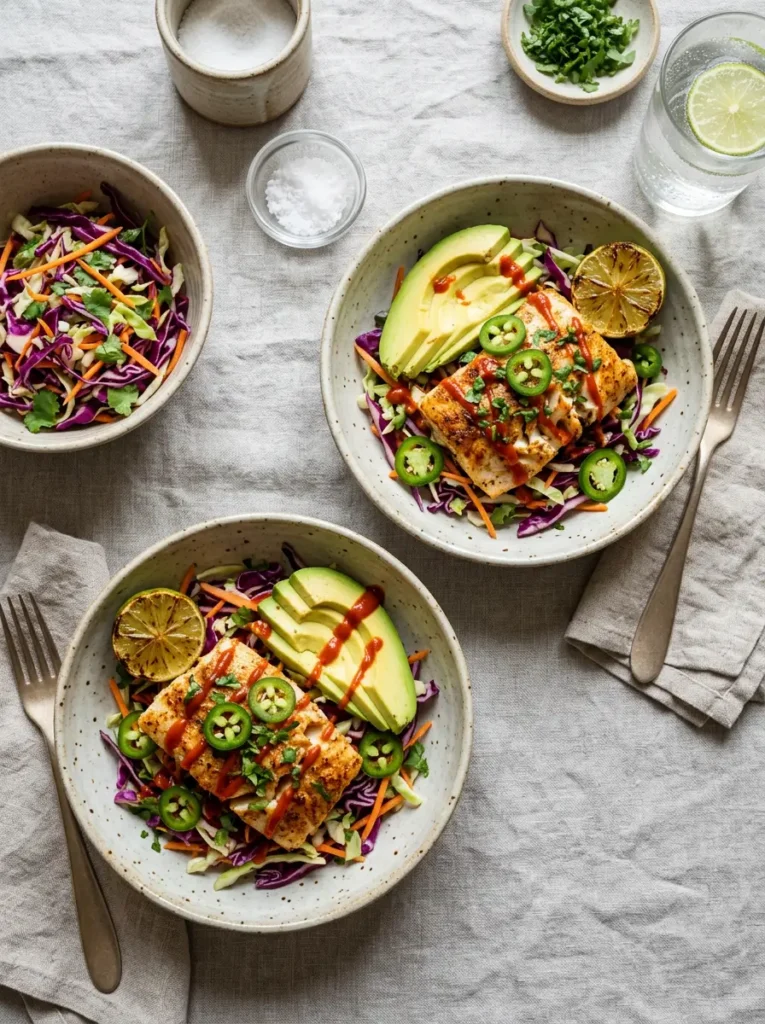 Fish Taco Slaw Recipe 5 Two servings of fish taco and slaw recipe bowls with avocado, jalapeños, and lime on a linen tablecloth
