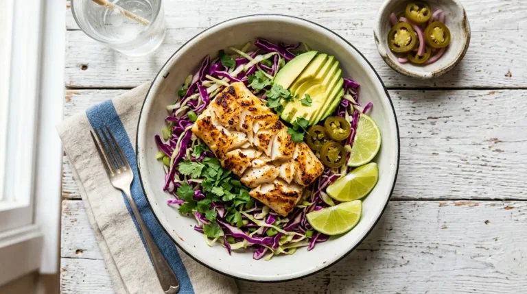 Fish taco slaw recipe bowl with golden seared fish, purple and green cabbage slaw, avocado, and lime wedges