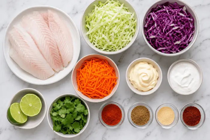 Fish Taco Slaw Recipe 2 Fresh ingredients for a keto fish taco slaw recipe including white fish fillets, shredded cabbage, lime, and spices