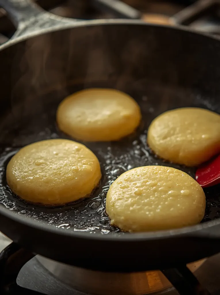 Keto Cottage Cheese Pancakes 3 Flourless cottage cheese pancakes cooking in a cast iron skillet with bubbles forming on the surface