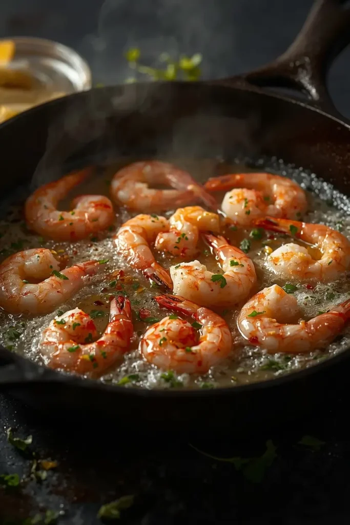 Large shrimp searing in garlic butter sauce in a cast iron skillet for garlic butter shrimp with zucchini noodles