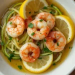 Garlic butter shrimp with zucchini noodles served in a white bowl with lemon and parsley