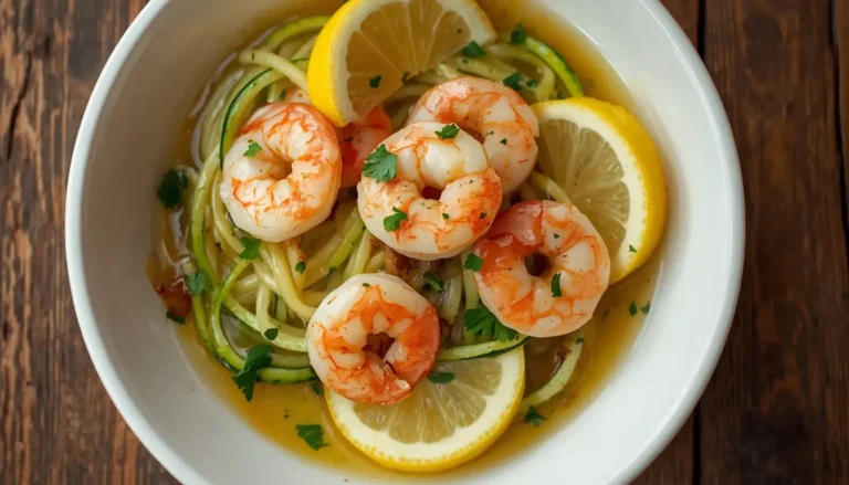 Garlic butter shrimp with zucchini noodles served in a white bowl with lemon and parsley