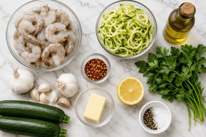 Fresh ingredients for garlic butter shrimp with zoodles including shrimp, zucchini, butter, garlic, and lemon