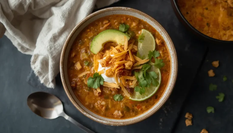 Overhead view of healthy chicken tortilla soup in a ceramic bowl topped with avocado, shredded cheese, and crushed pork rinds; keto and gluten-free