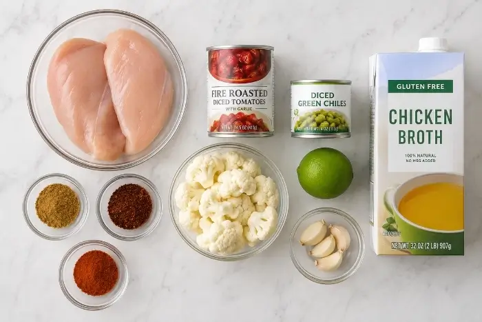Flatlay of keto and gluten-free ingredients for healthy chicken tortilla soup including chicken breasts, cauliflower, fire-roasted tomatoes, green chiles, and gluten-free broth