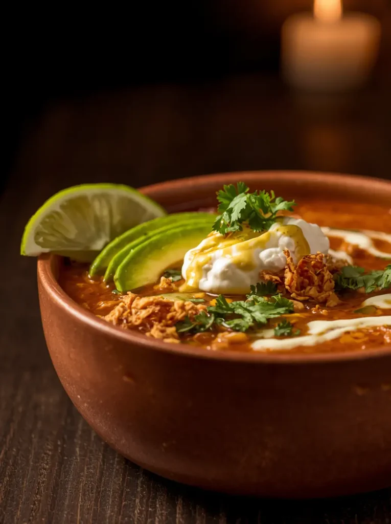 Close-up of a bowl of healthy chicken tortilla soup topped with avocado, sour cream, crushed pork rinds, and fresh cilantro; keto and gluten-free dinner