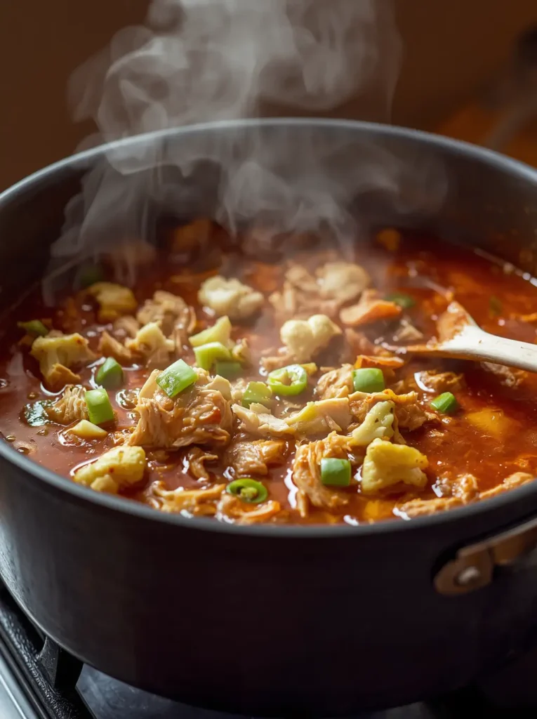 Large pot of keto healthy chicken tortilla soup simmering on the stovetop with steam rising, cauliflower florets, and shredded chicken visible in the broth