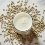 hemp milk recipe in a tall glass surrounded by hemp seeds on a marble surface