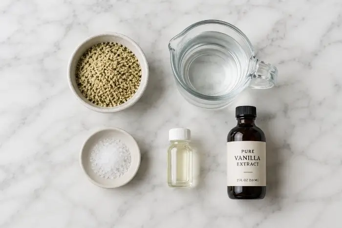 Hemp Milk Recipe 2 hemp seed milk recipe ingredients including hulled hemp seeds, water, vanilla extract, and sea salt arranged on a white board