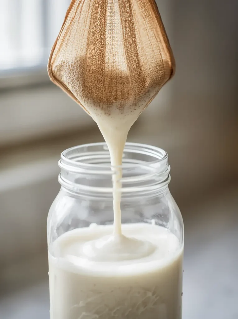 Hemp Milk Recipe 4 straining homemade hemp seed milk recipe through a nut milk bag into a glass mason jar