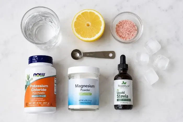 Homemade Electrolyte Drink Recipe 2 Ingredients for a homemade electrolyte drink recipe including pink Himalayan salt, lemon, magnesium powder, and potassium chloride laid out on marble